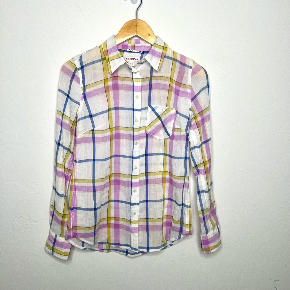 Women's Cotton Plaid Button Down Shirt White Pink Blue Outdoors Cabincore